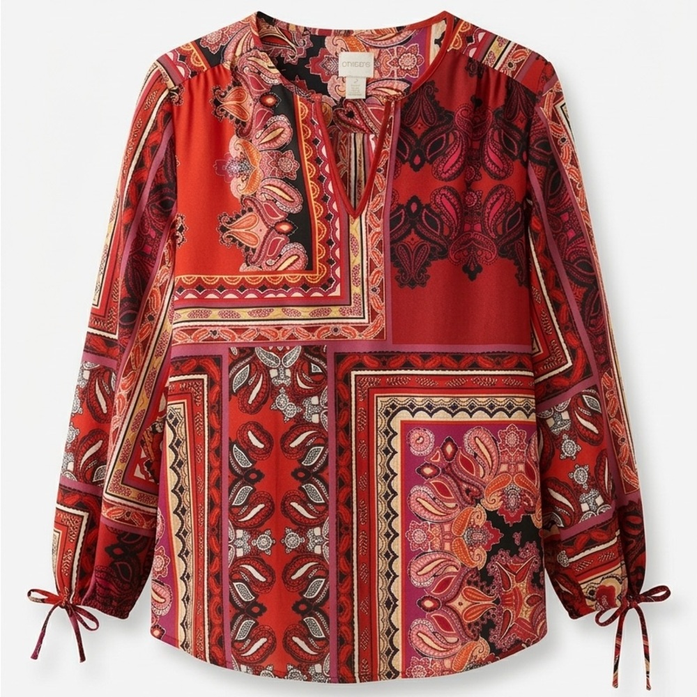 Chico's Red Paisley Patchwork Tunic Top